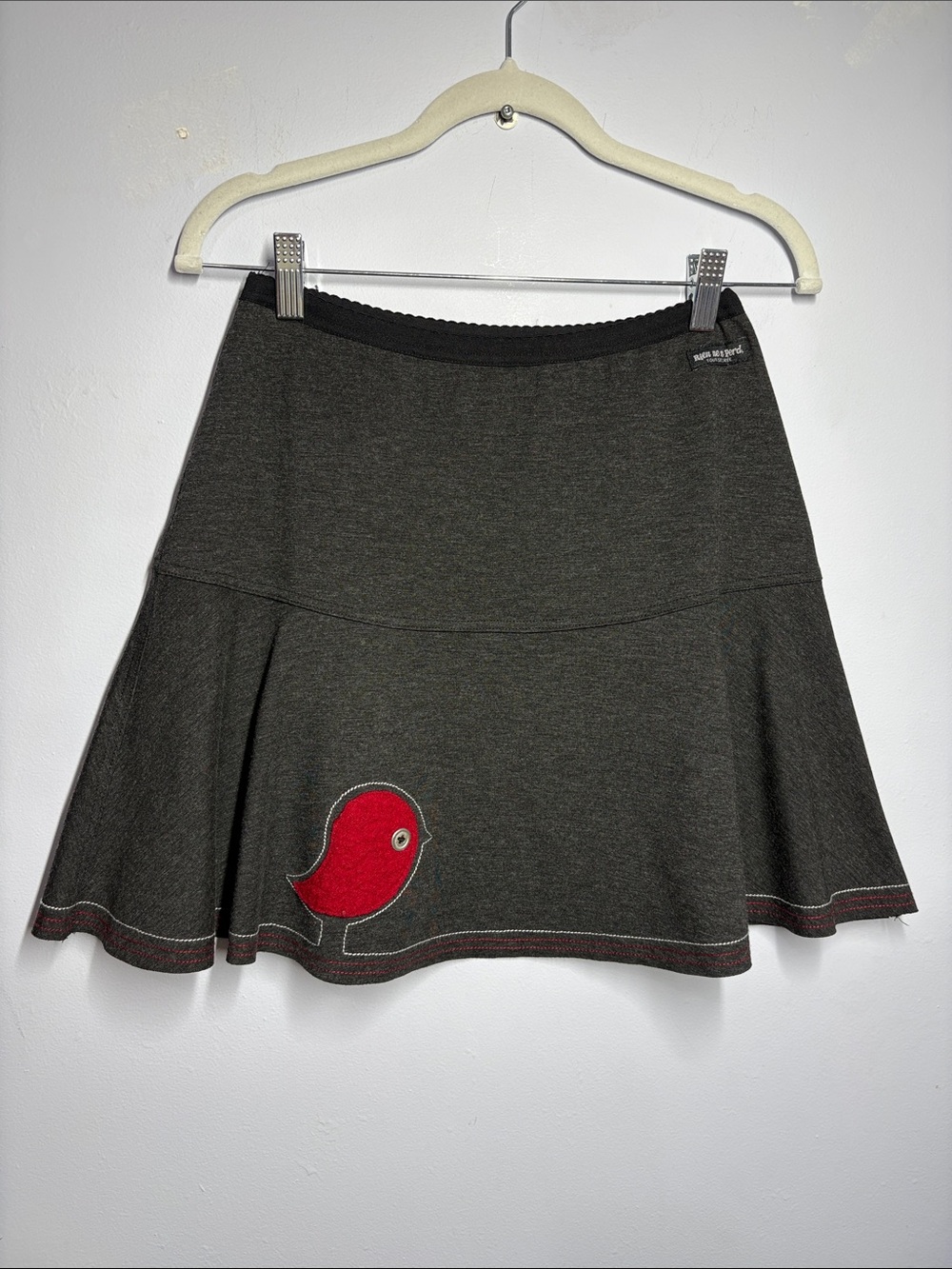 Rien ne se Perd Dark Gray Circle Skirt with Red Bird Applique - Women